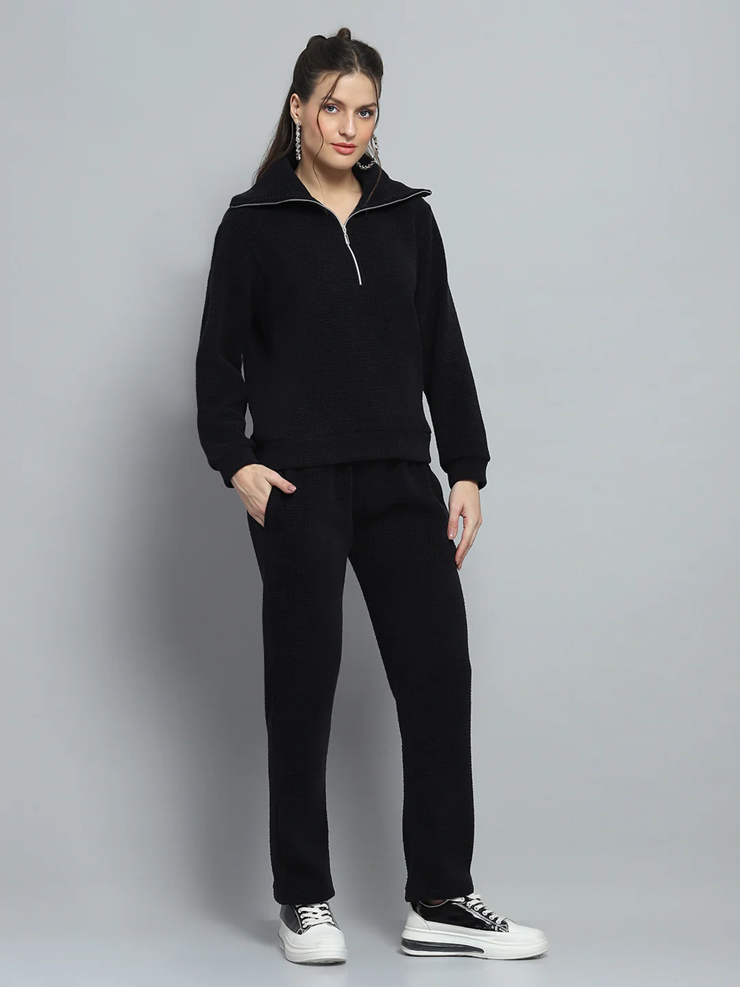 Women Black Self Design Collar Full Sleeve Cords Set - Image 4