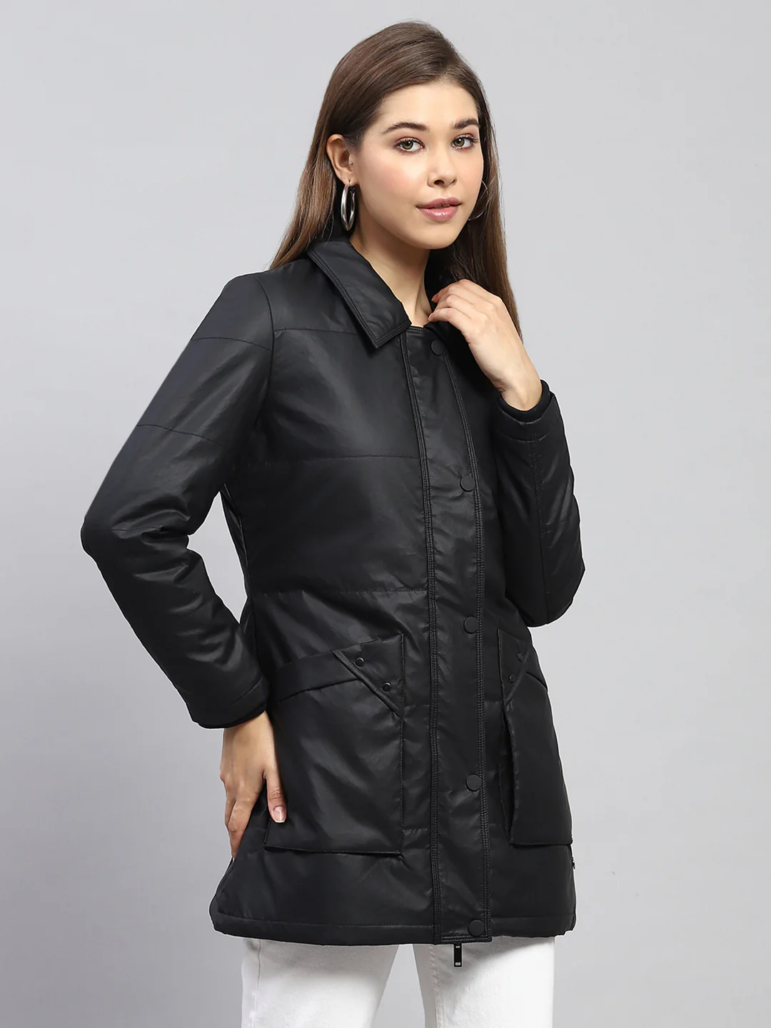 Women Black Self Design Collar Full Sleeve Jacket - Image 4