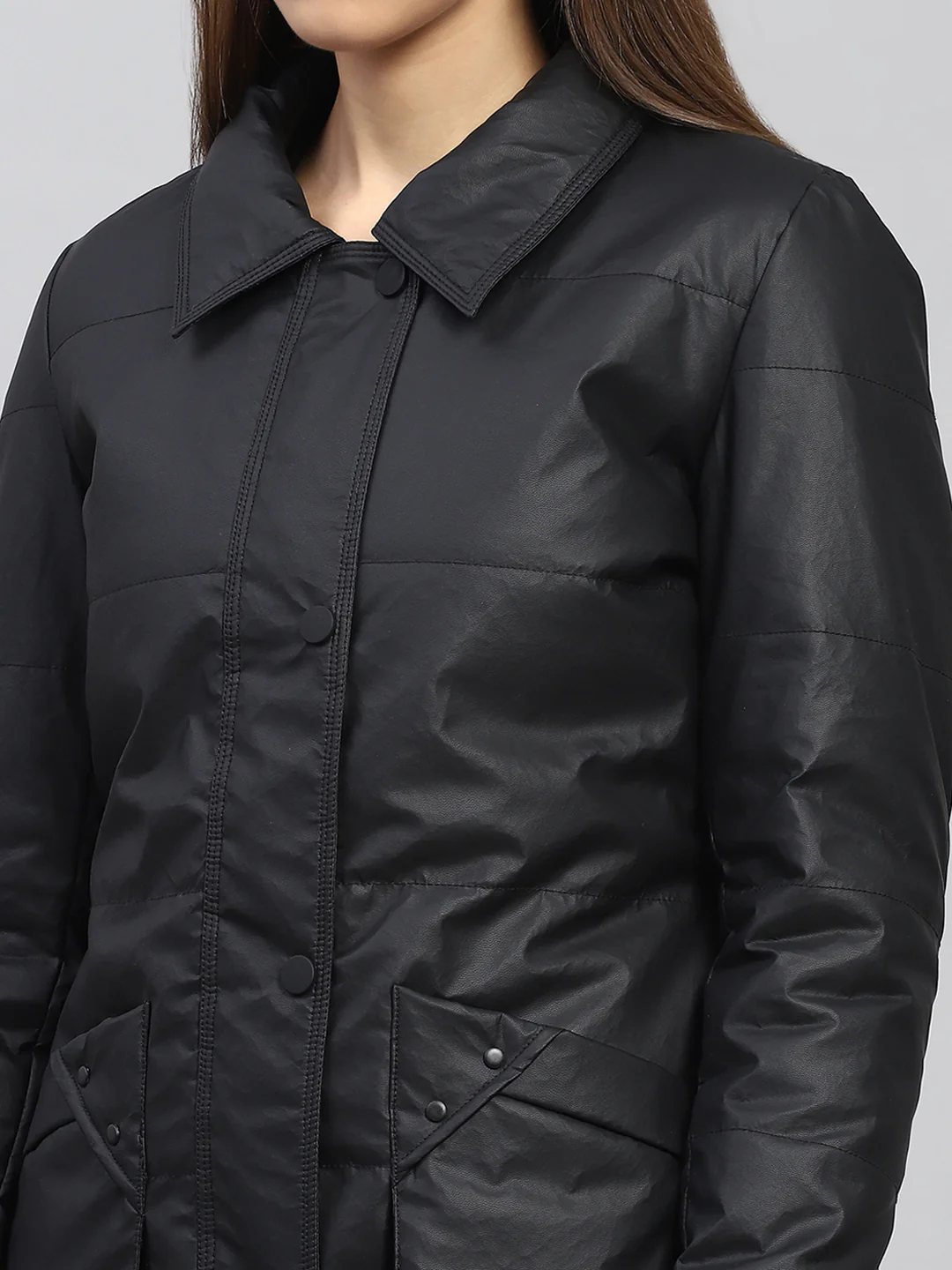 Women Black Self Design Collar Full Sleeve Jacket - Image 6