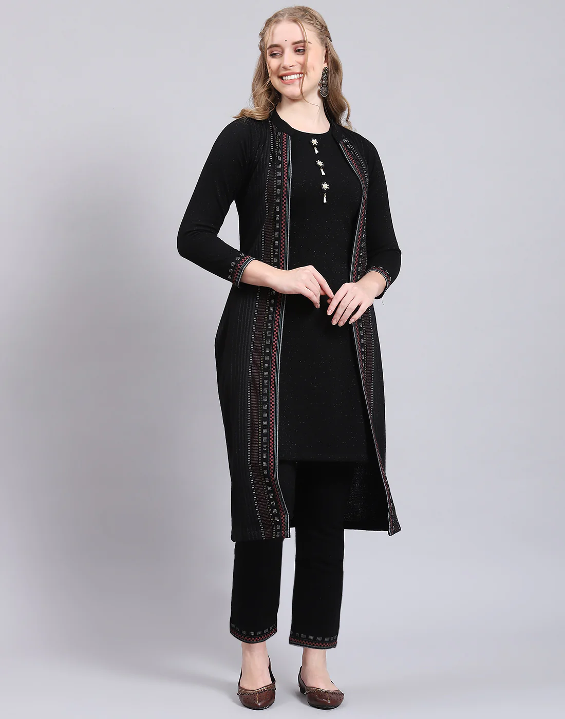 Women Black Self Design Collar Full Sleeve Kurtis Set - Image 2