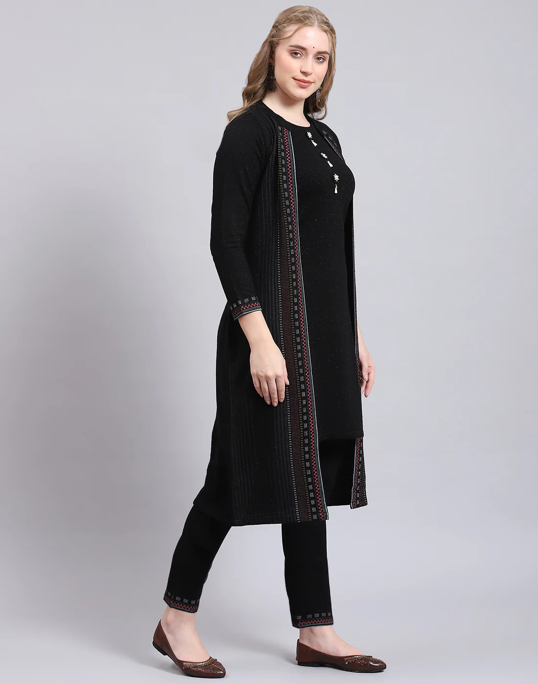 Women Black Self Design Collar Full Sleeve Kurtis Set - Image 4
