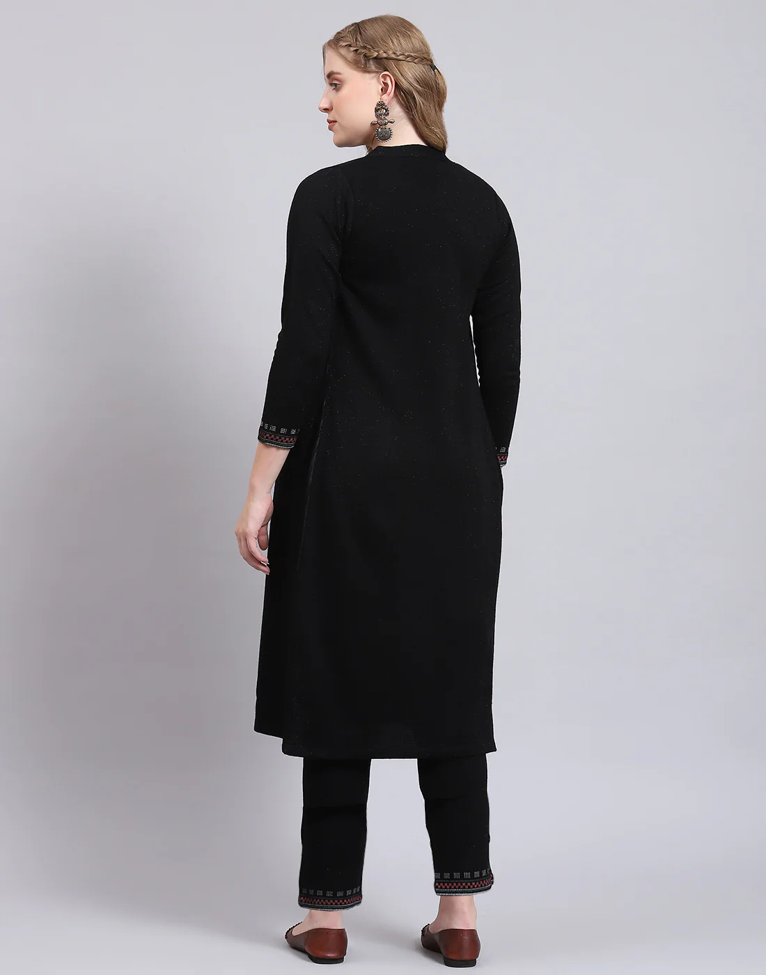 Women Black Self Design Collar Full Sleeve Kurtis Set - Image 6
