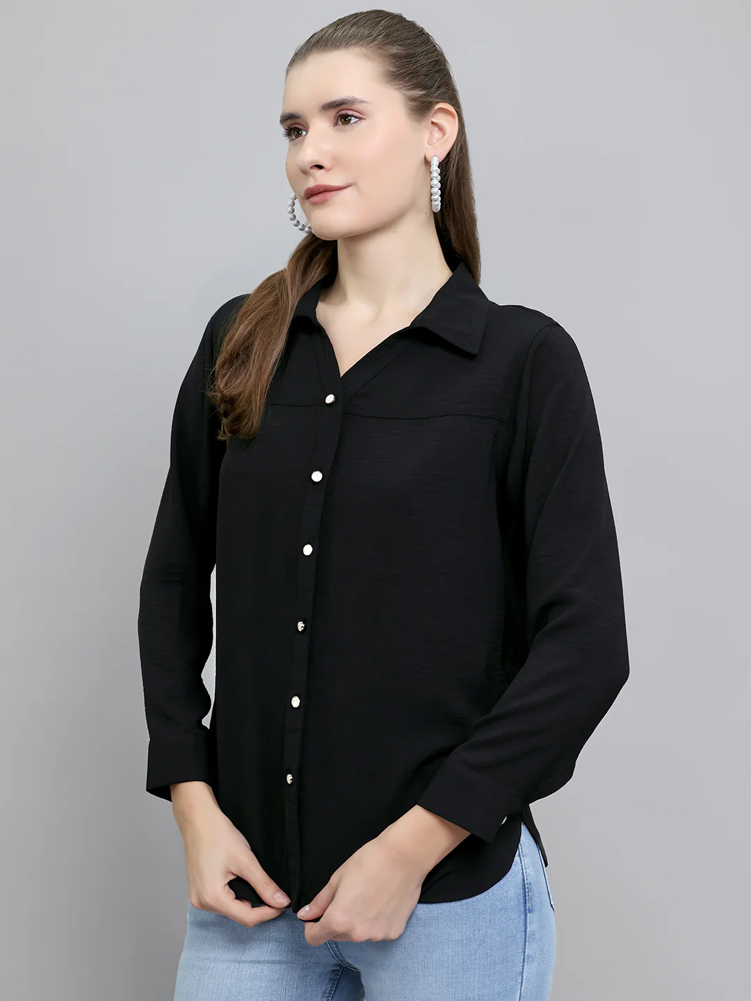 Women Black Self Design Collar Full Sleeve Top - Image 2
