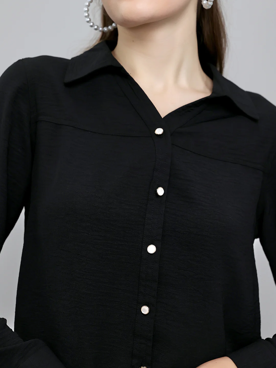Women Black Self Design Collar Full Sleeve Top - Image 5