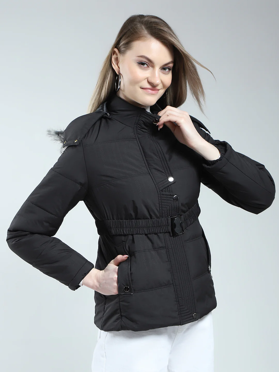 Women Black Self Design Detachable Hood Full Sleeve Jacket - Image 4
