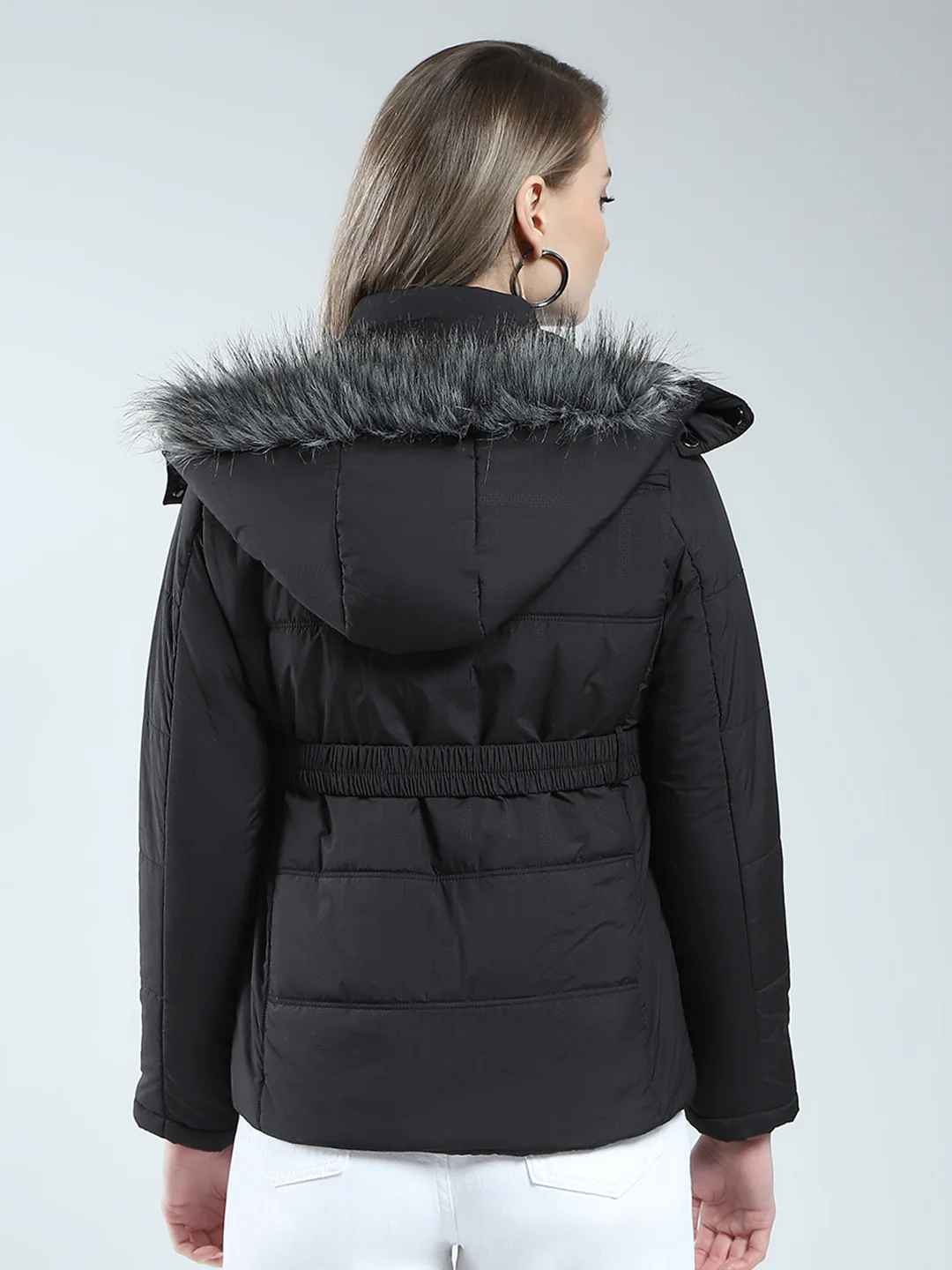 Women Black Self Design Detachable Hood Full Sleeve Jacket - Image 5