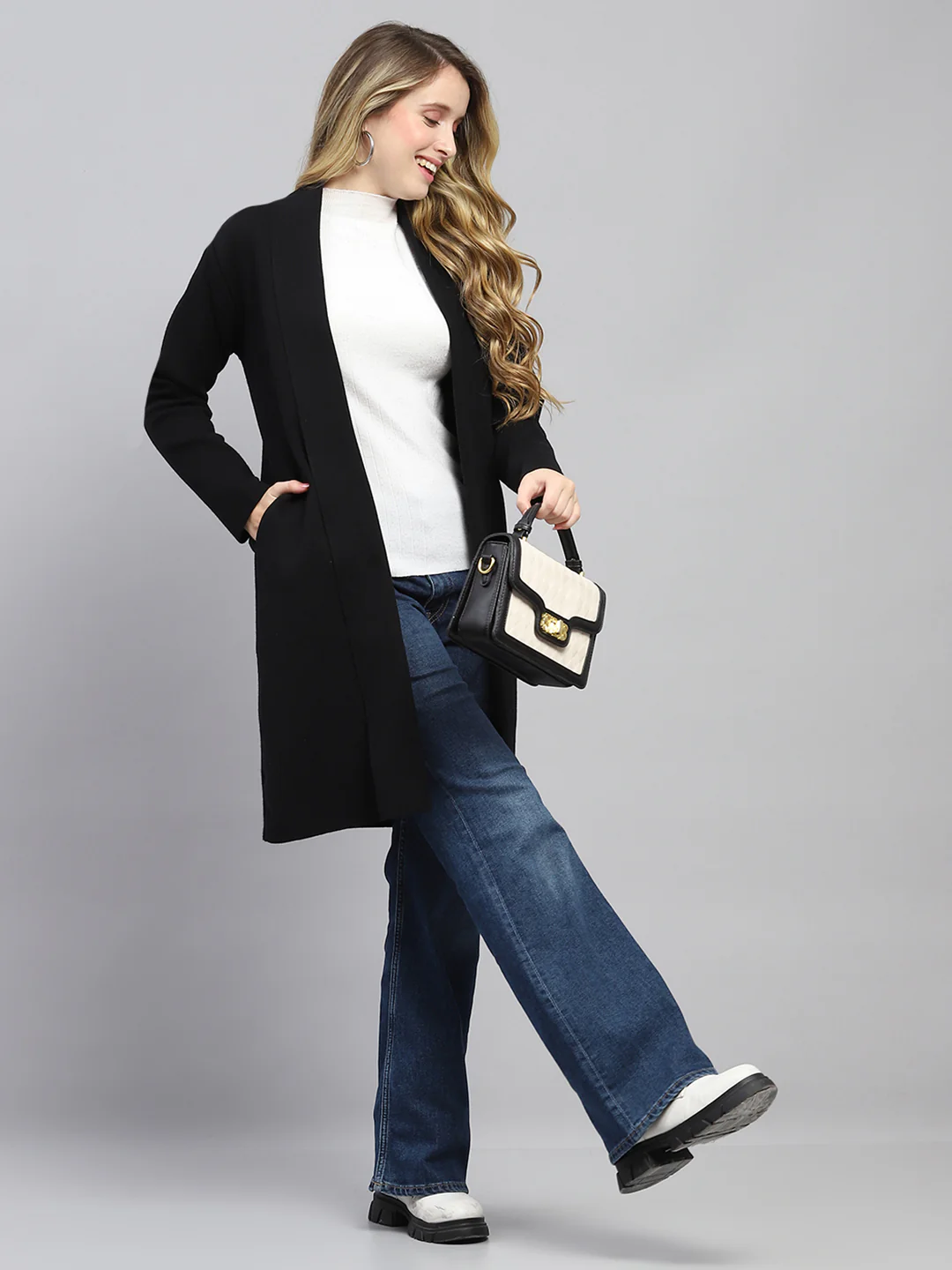 Women Black Self Design Front Open Full Sleeve Cardigan - Image 2