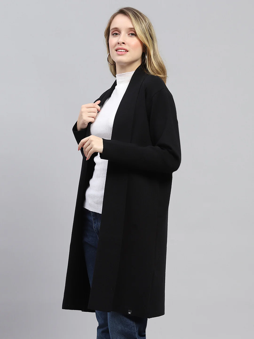 Women Black Self Design Front Open Full Sleeve Cardigan - Image 3