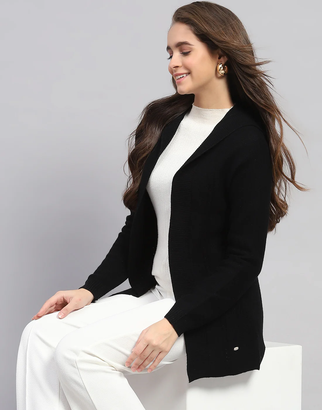 Women Black Self Design Front Open Full Sleeve Cardigan - Image 6