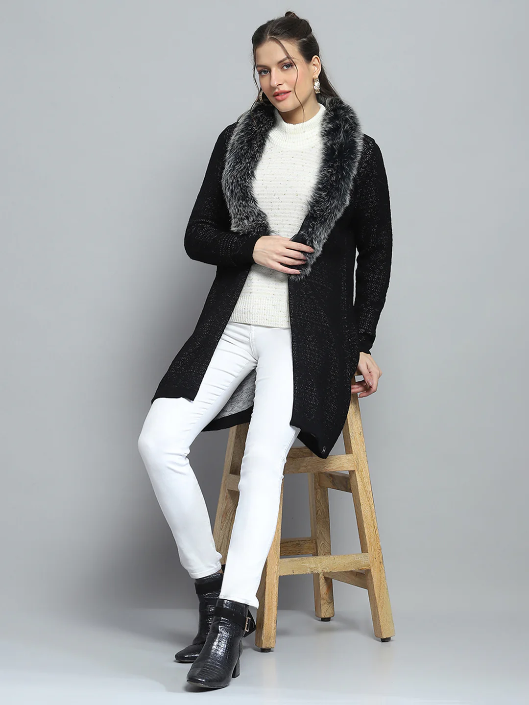 Women Black Self Design Front Open Full Sleeve Cardigan - Image 2