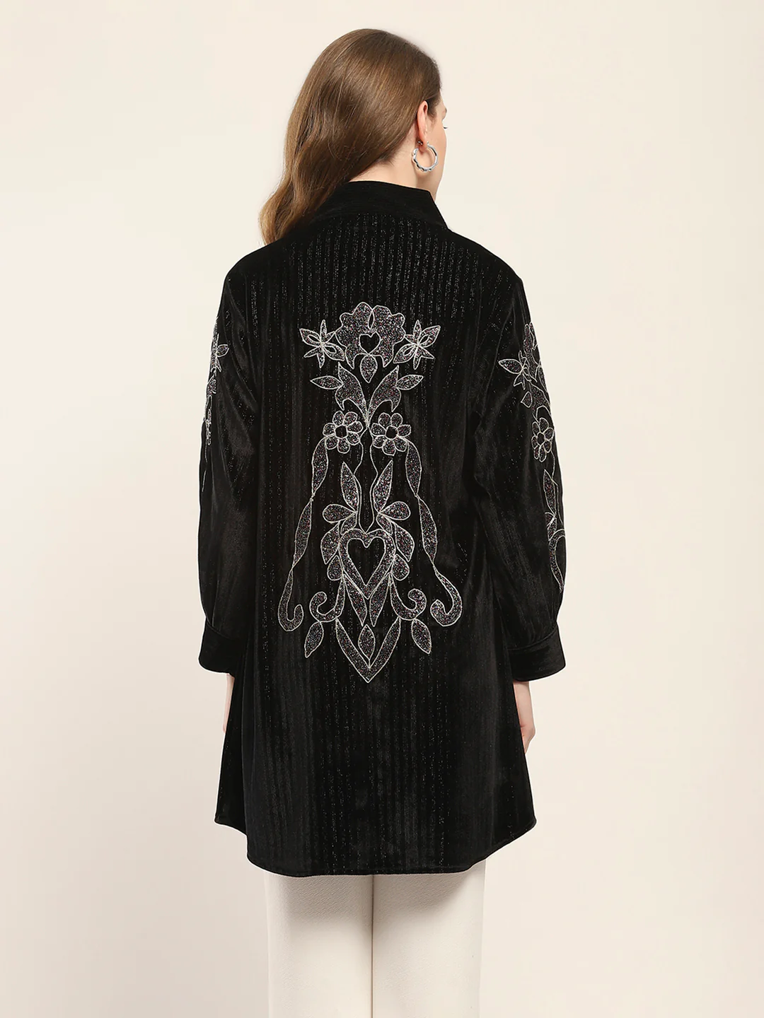 Women Black Self Design Front Open Full Sleeve Shrug - Image 5
