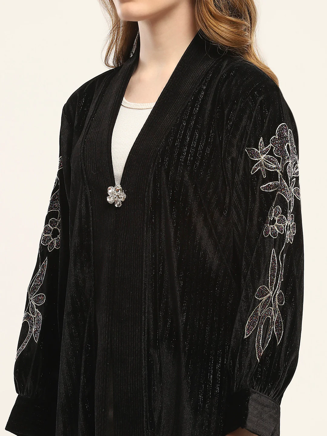 Women Black Self Design Front Open Full Sleeve Shrug - Image 7
