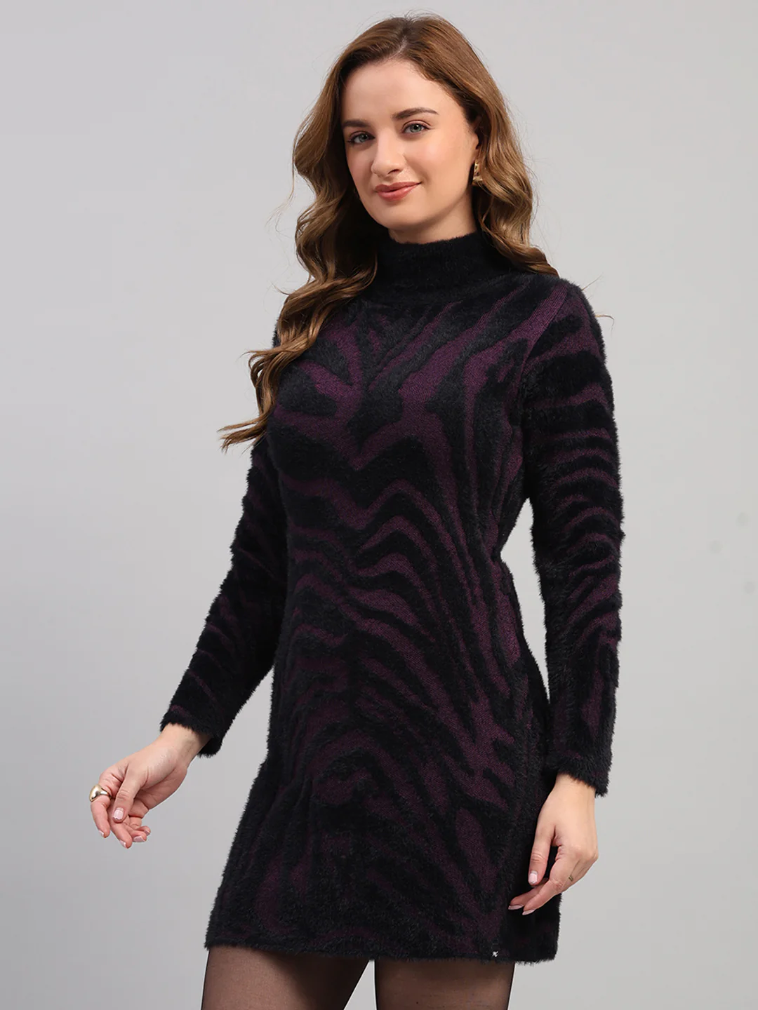 Women Black Self Design High Neck Full Sleeve Winter Top - Image 3