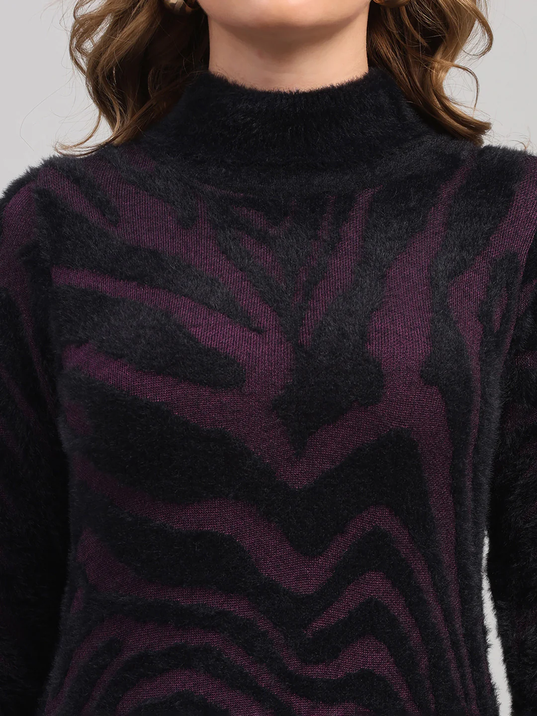 Women Black Self Design High Neck Full Sleeve Winter Top - Image 6