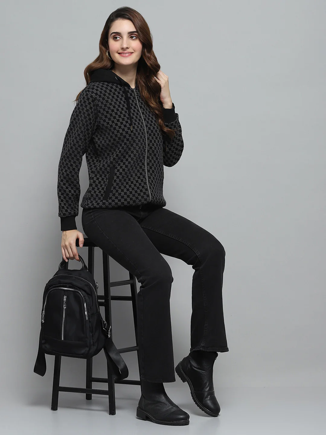 Women Black Self Design Hooded Full Sleeve Sweatshirt - Image 2