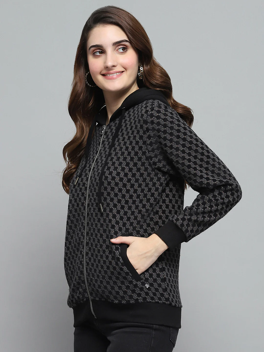 Women Black Self Design Hooded Full Sleeve Sweatshirt - Image 3
