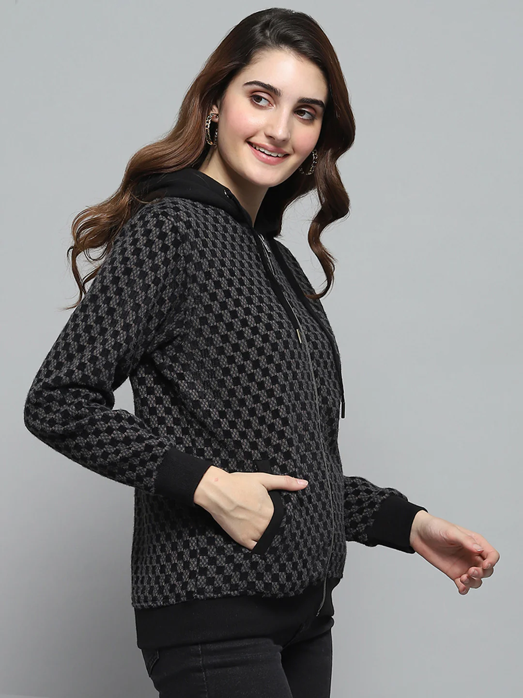 Women Black Self Design Hooded Full Sleeve Sweatshirt - Image 4