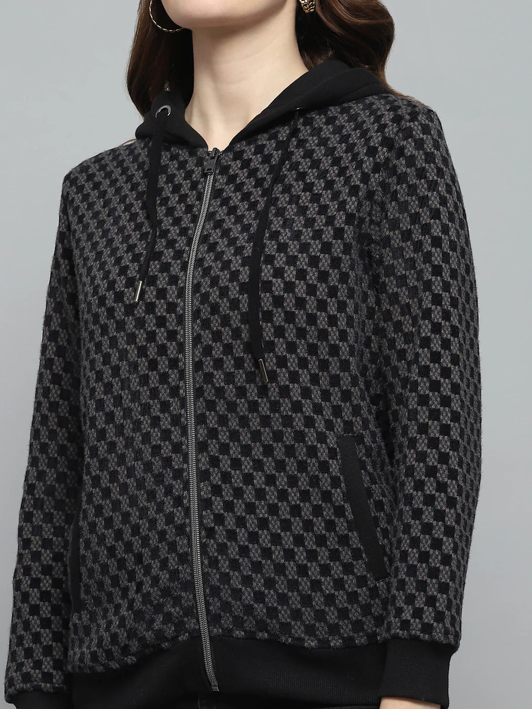 Women Black Self Design Hooded Full Sleeve Sweatshirt - Image 6