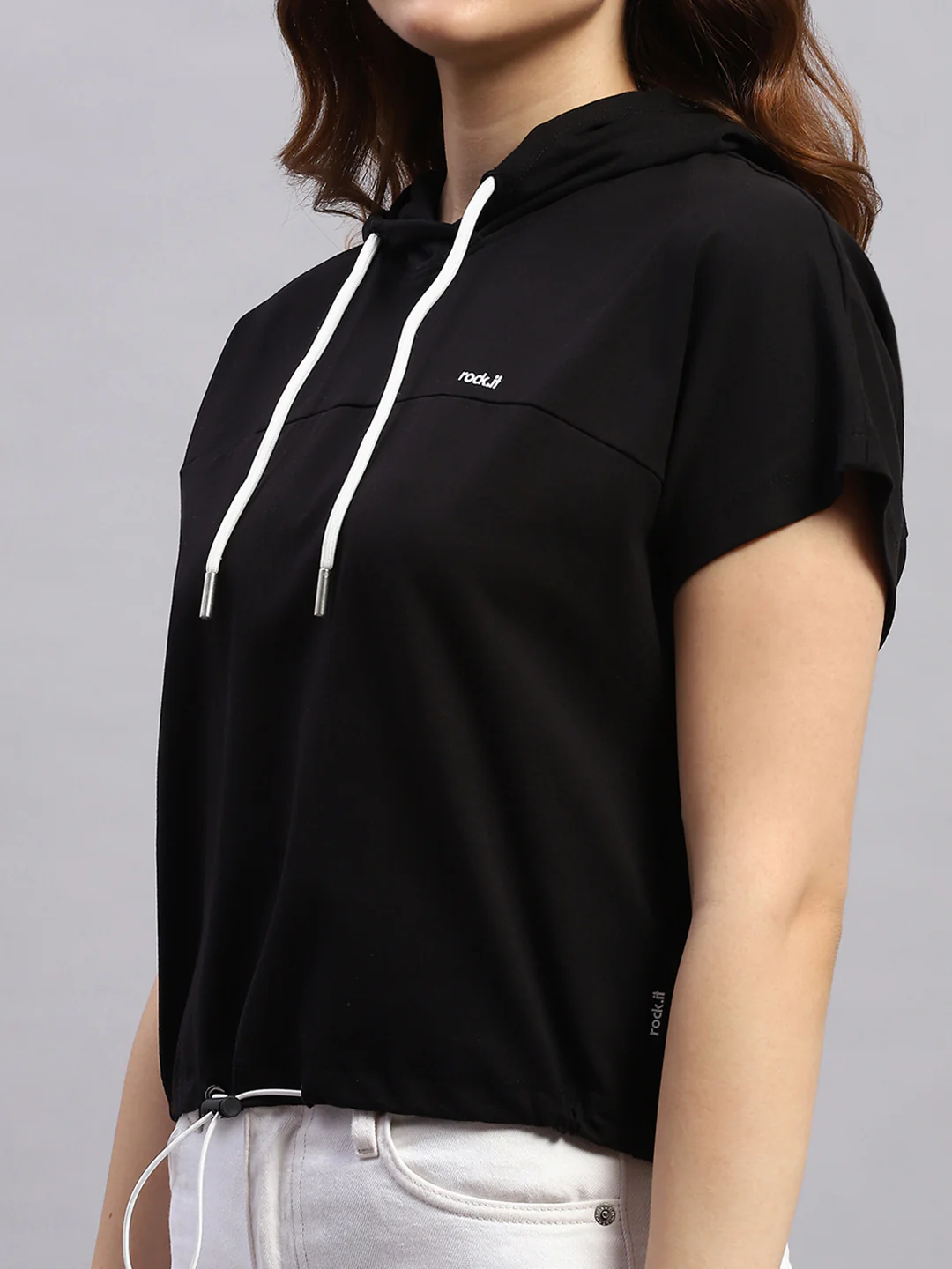 Rock.it Women Black Self Design Hooded Half Sleeve Top - Image 6