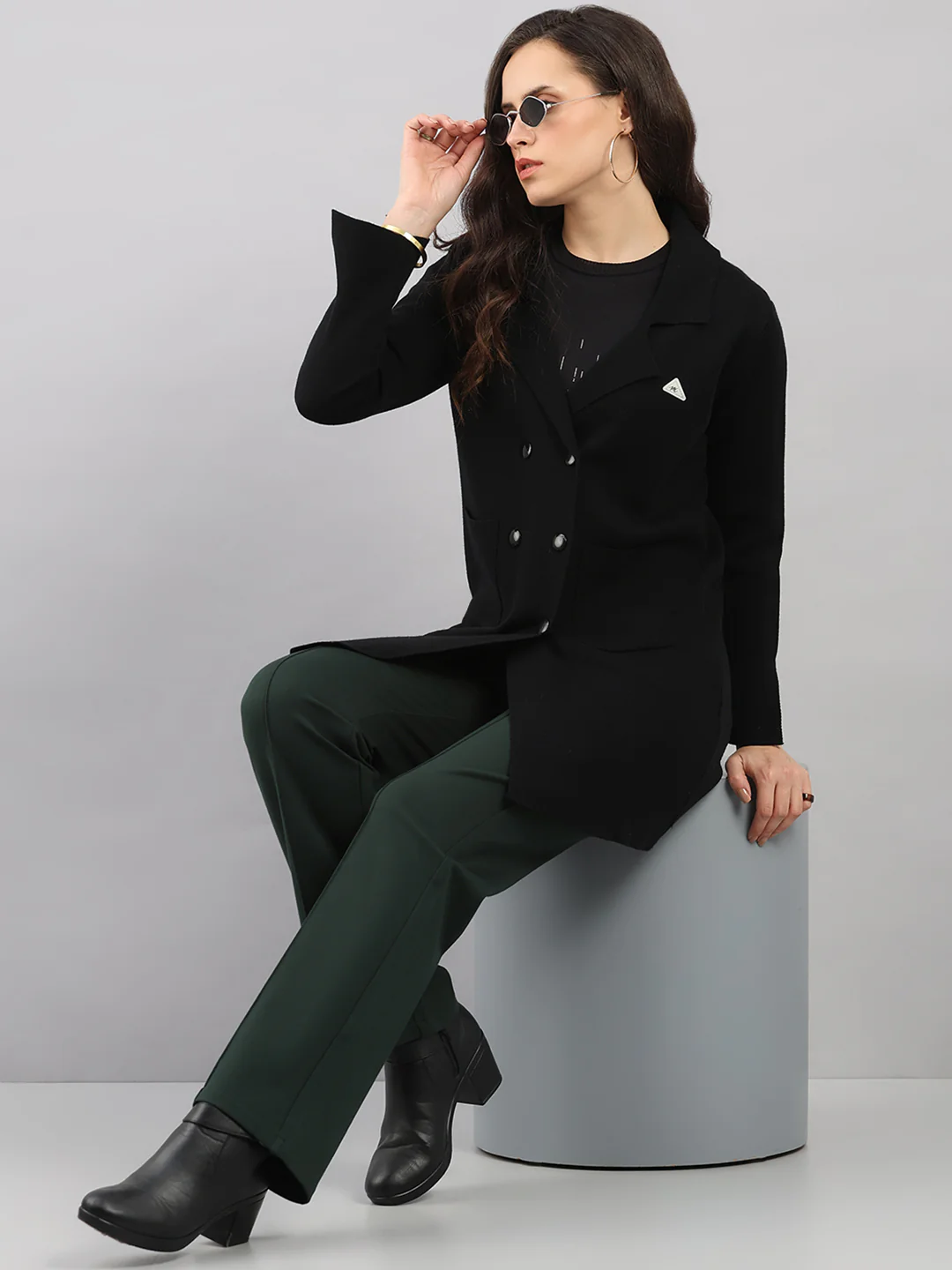 Women Black Self Design Lapel Collar Full Sleeve Knitted Coat - Image 2