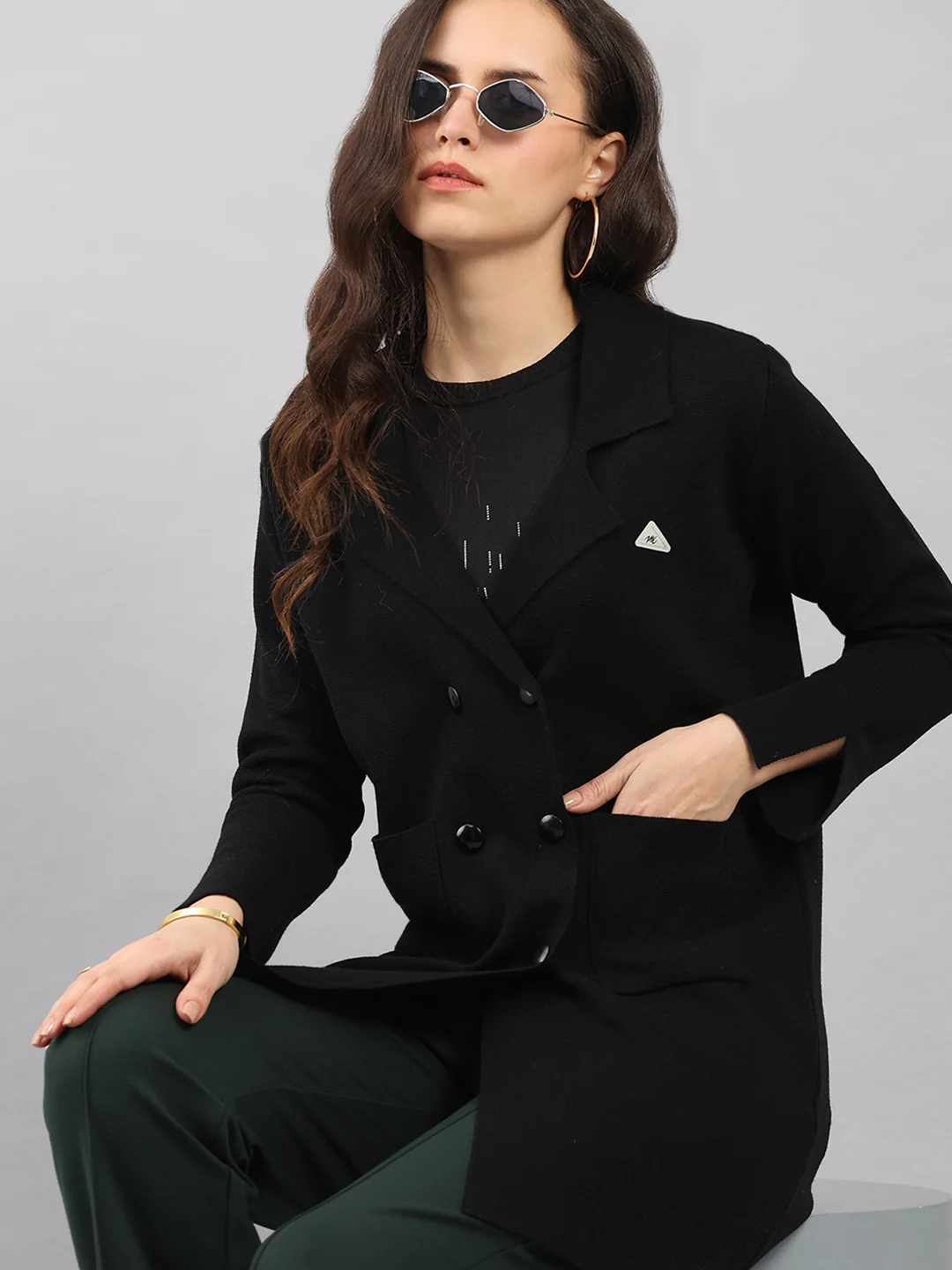 Women Black Self Design Lapel Collar Full Sleeve Knitted Coat - Image 6