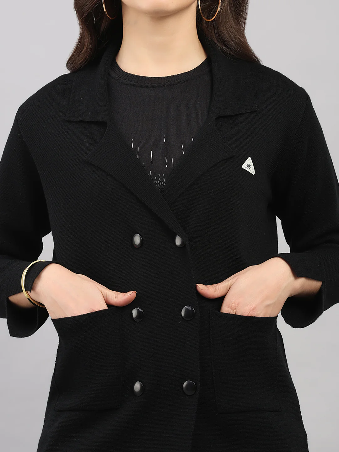 Women Black Self Design Lapel Collar Full Sleeve Knitted Coat - Image 7