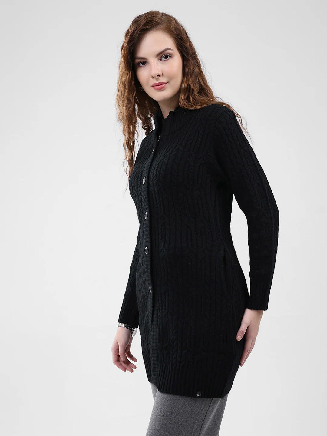 Women Black Self Design Mock Neck Full Sleeve Cardigan - Image 3
