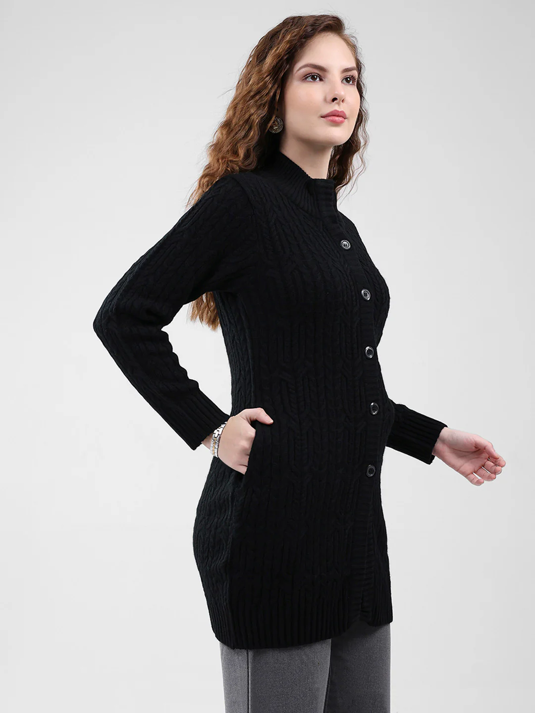 Women Black Self Design Mock Neck Full Sleeve Cardigan - Image 4