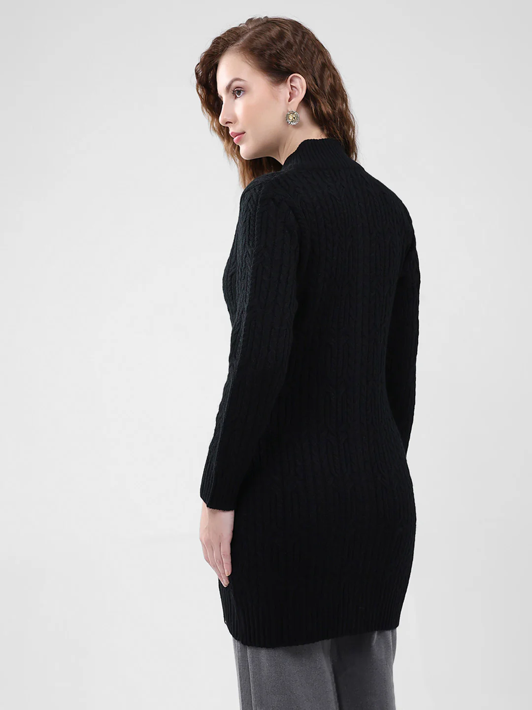 Women Black Self Design Mock Neck Full Sleeve Cardigan - Image 5