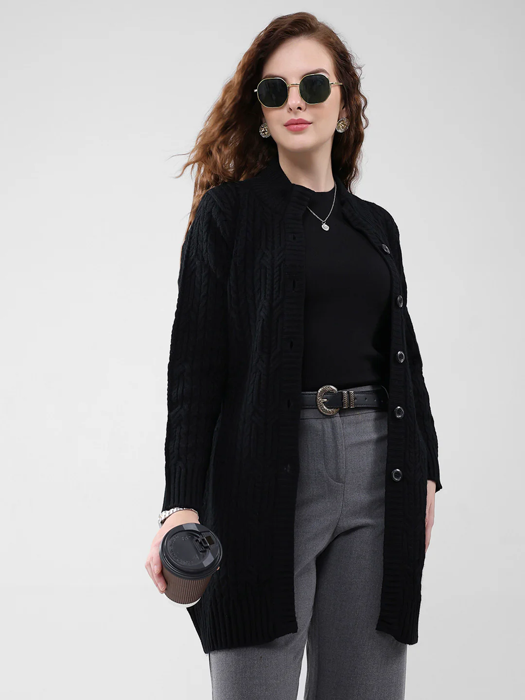 Women Black Self Design Mock Neck Full Sleeve Cardigan - Image 6