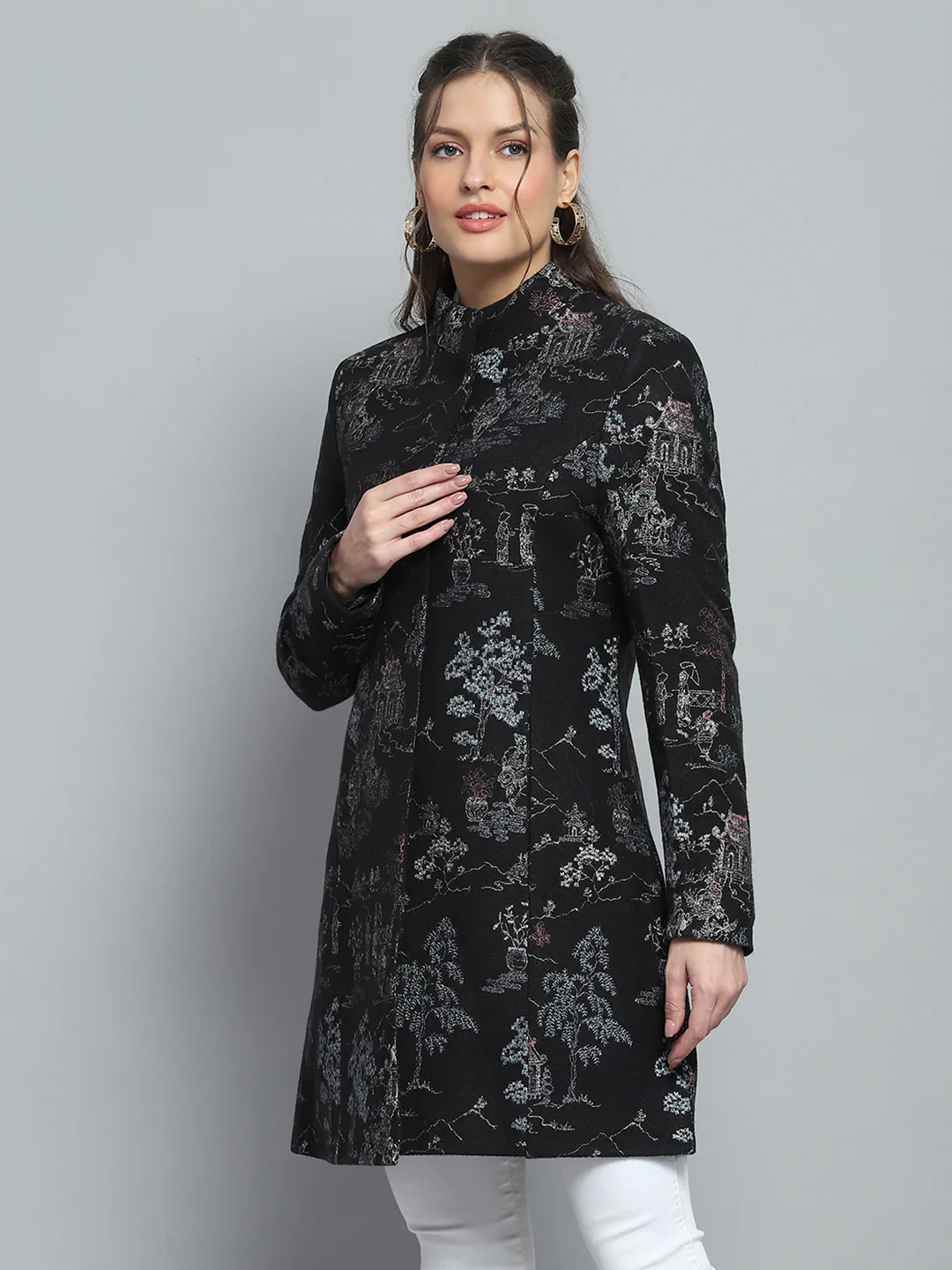 Women Black Self Design Mock Neck Full Sleeve Coat - Image 3