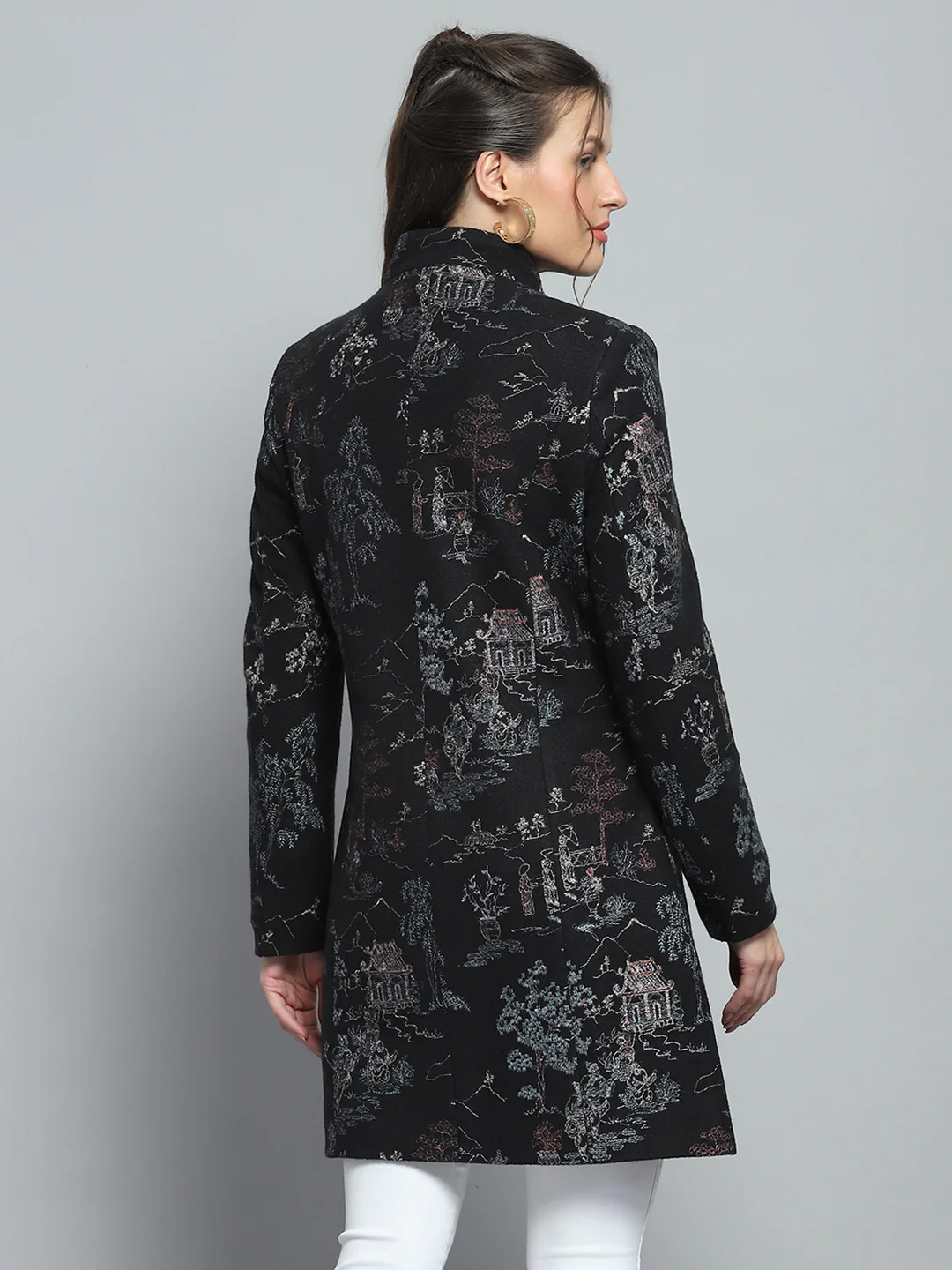 Women Black Self Design Mock Neck Full Sleeve Coat - Image 5
