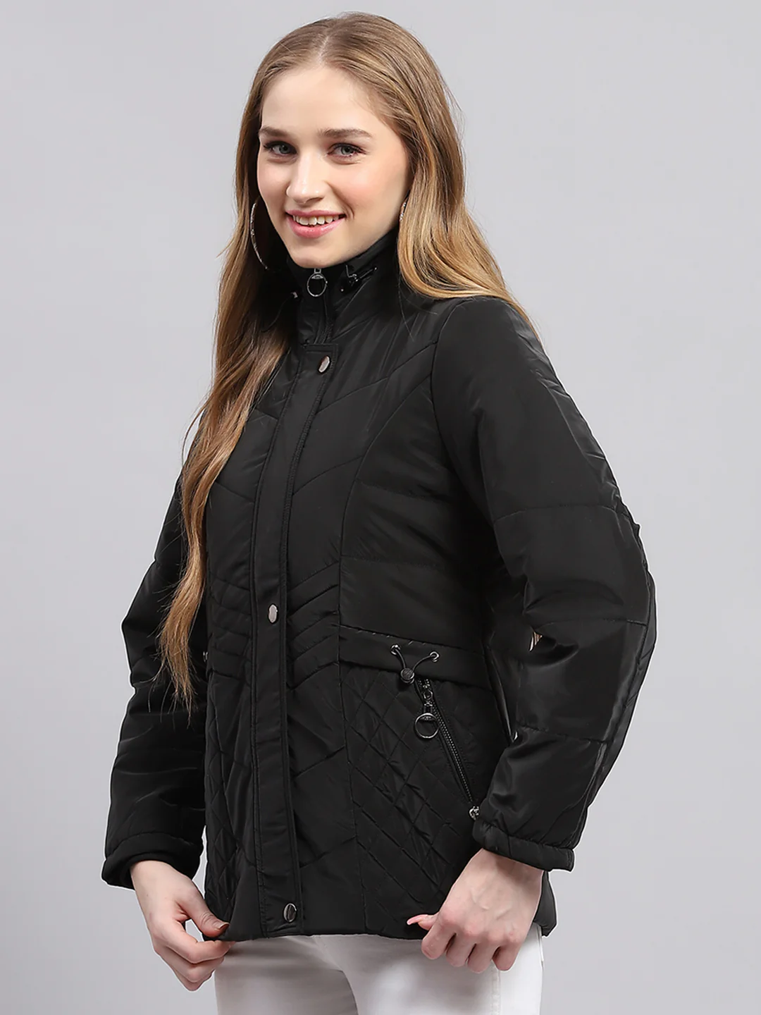 Women Black Self Design Mock Neck Full Sleeve Jacket - Image 3