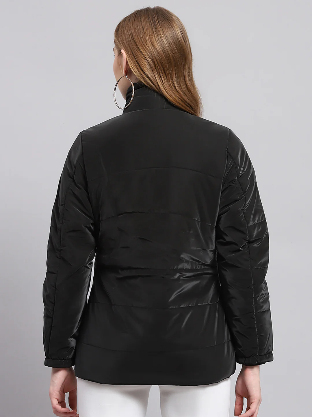 Women Black Self Design Mock Neck Full Sleeve Jacket - Image 5