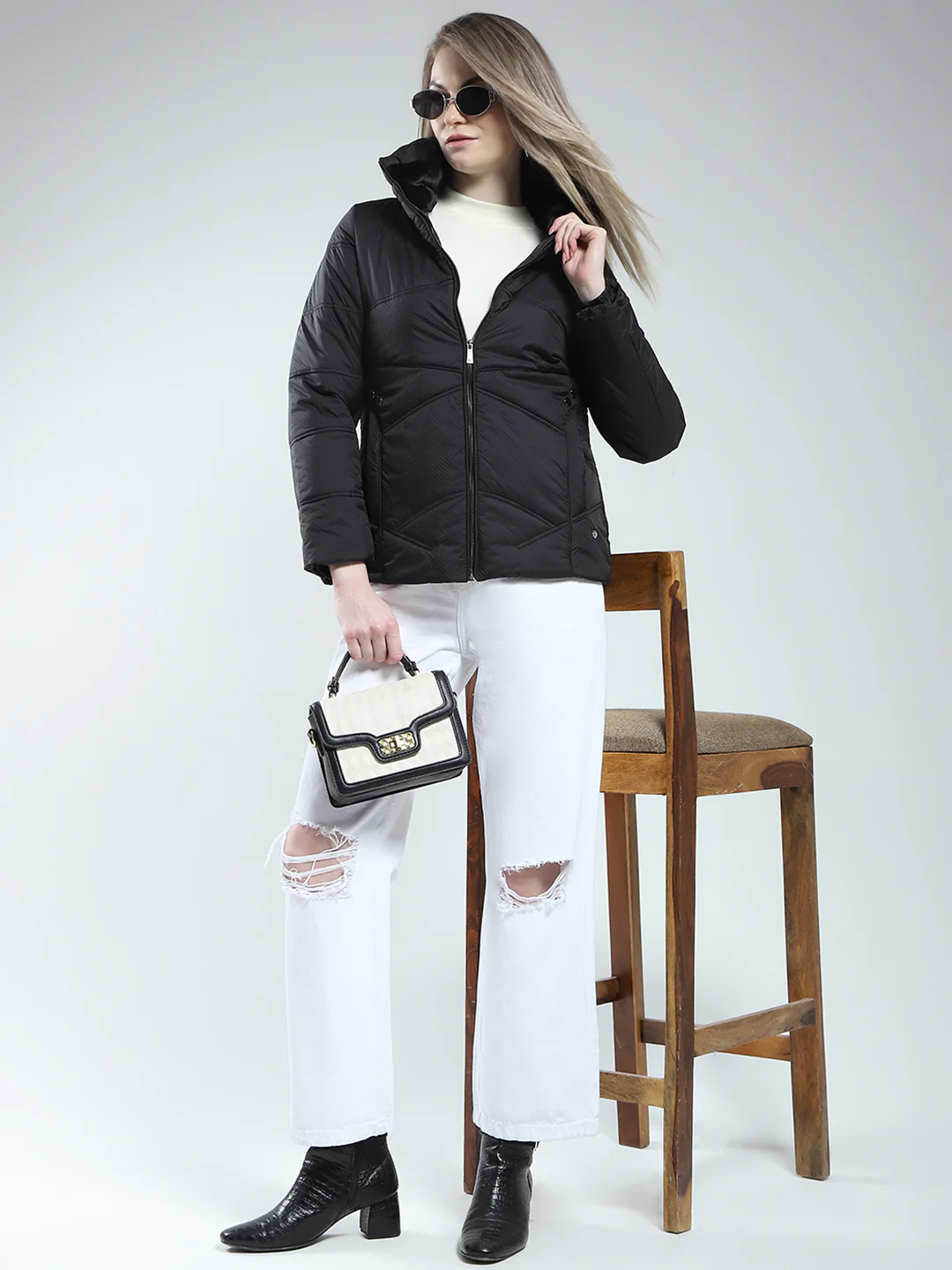 Women Black Self Design Mock Neck Full Sleeve Jacket - Image 2