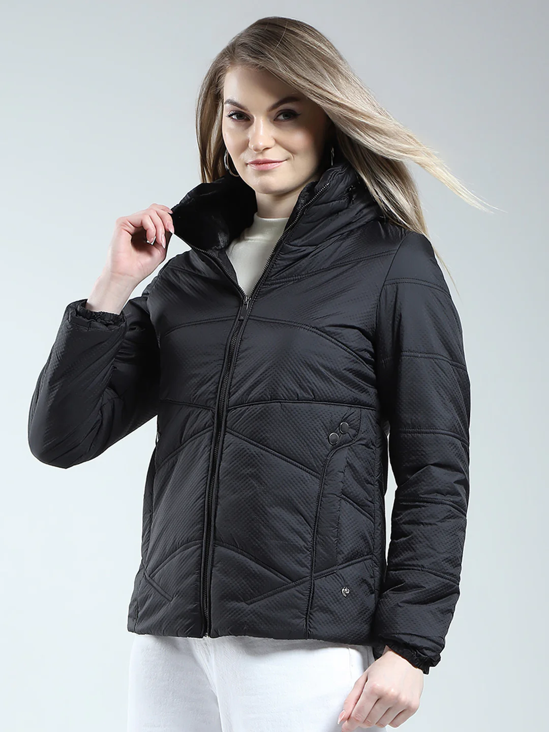 Women Black Self Design Mock Neck Full Sleeve Jacket - Image 3