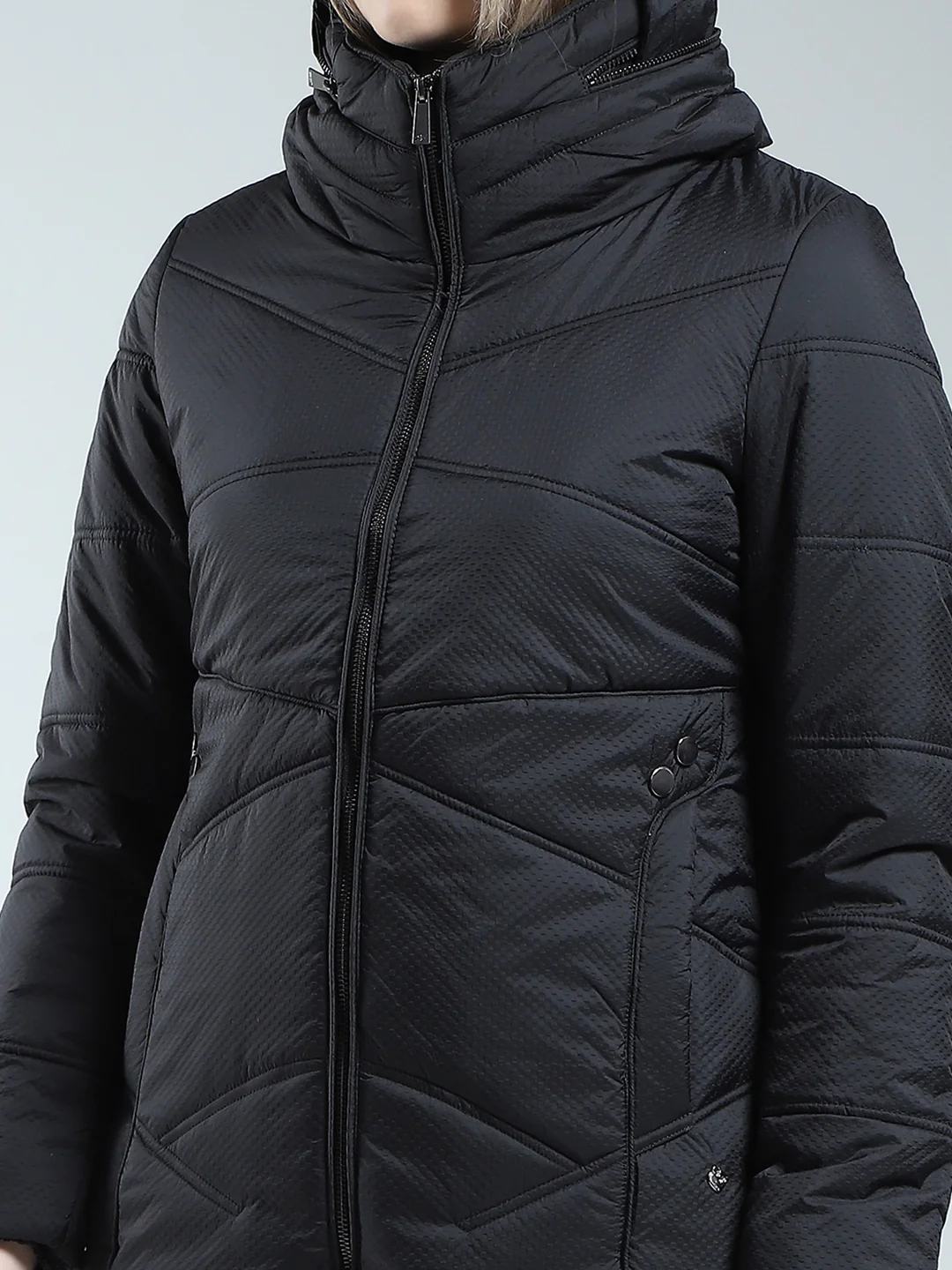 Women Black Self Design Mock Neck Full Sleeve Jacket - Image 7