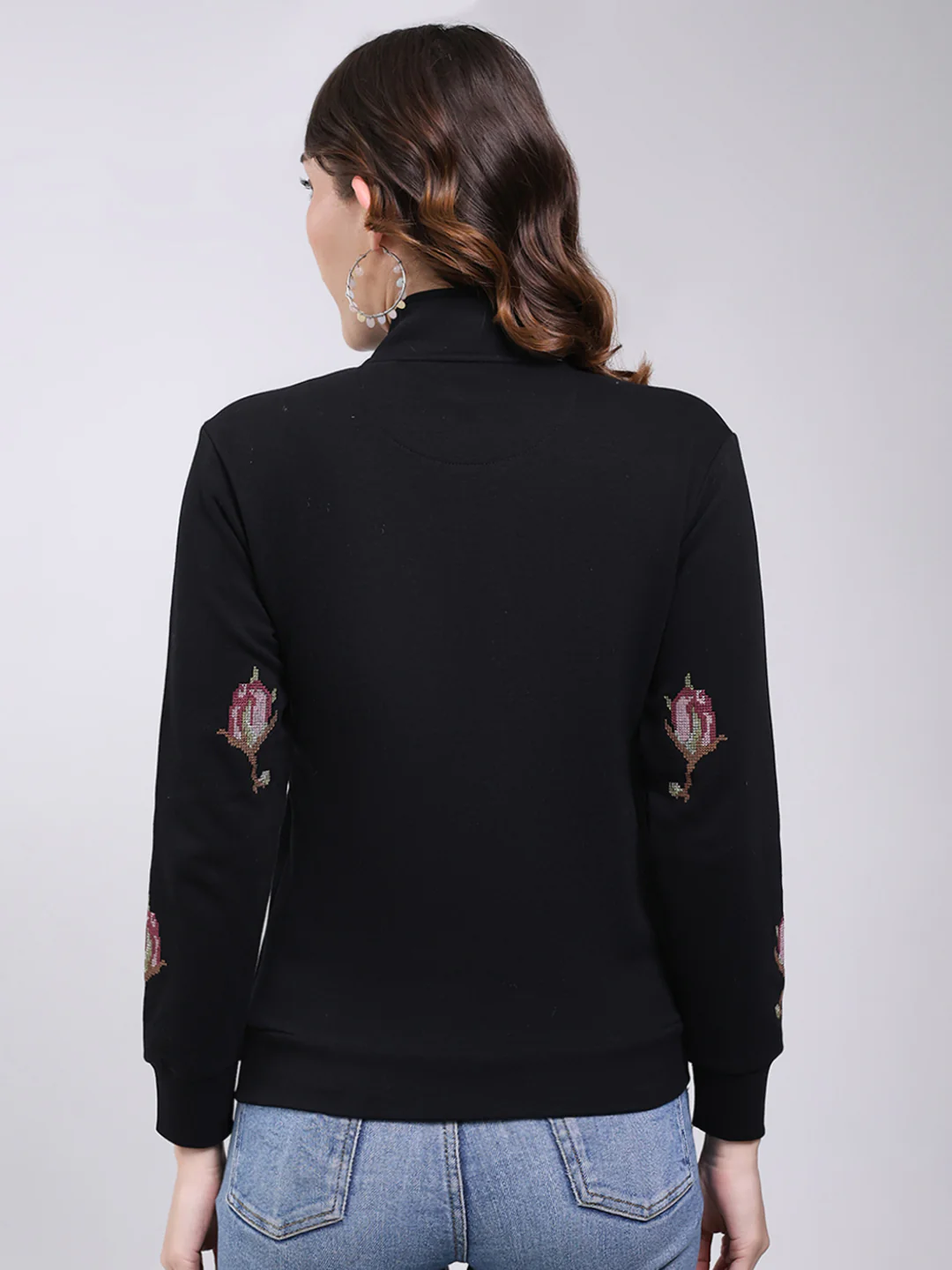 Women Black Self Design Mock Neck Full Sleeve Sweatshirt - Image 5