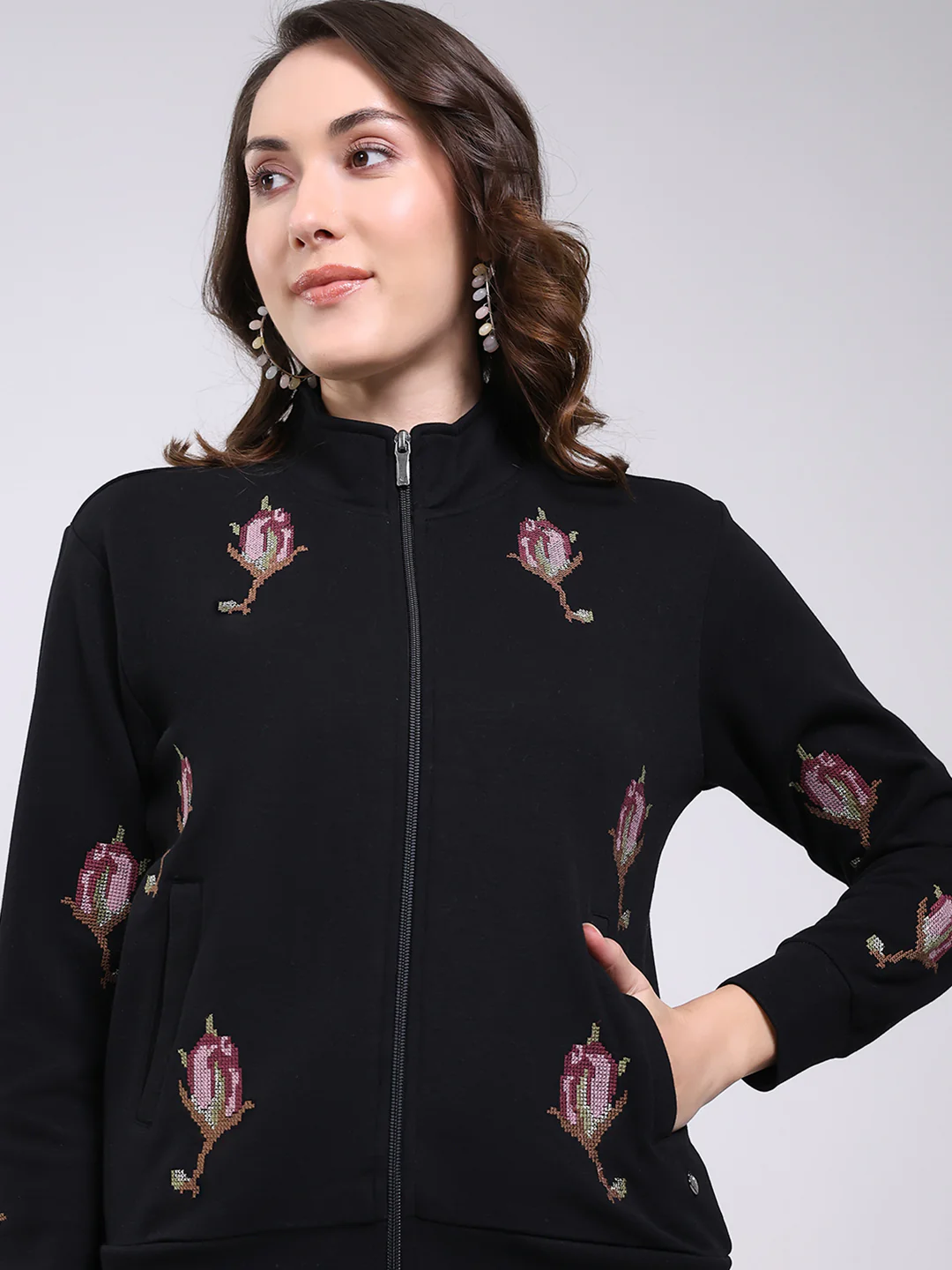 Women Black Self Design Mock Neck Full Sleeve Sweatshirt - Image 6
