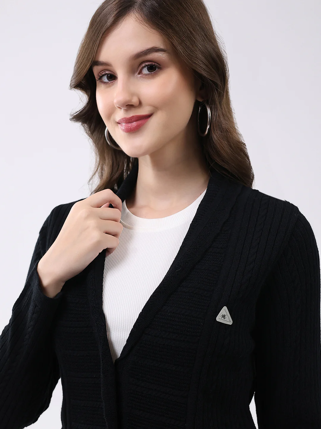 Women Black Self Design Notch Lapel Collar Full Sleeve Cardigan - Image 6