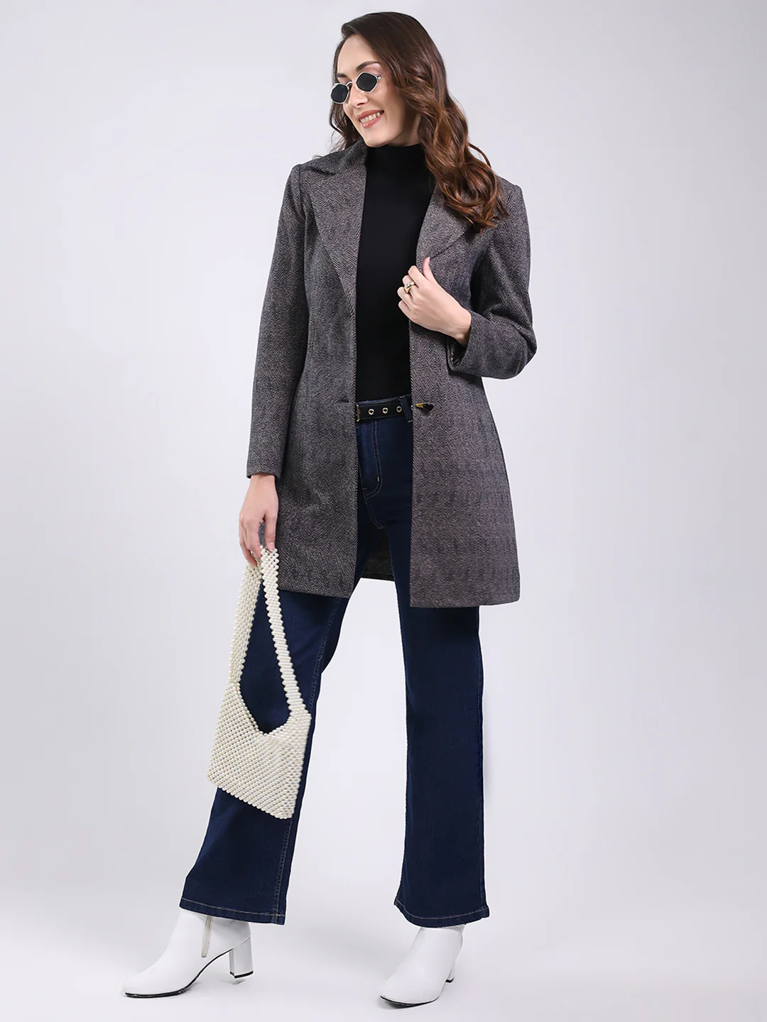 Women Black Self Design Notch Lapel Collar Full Sleeve Coat - Image 2