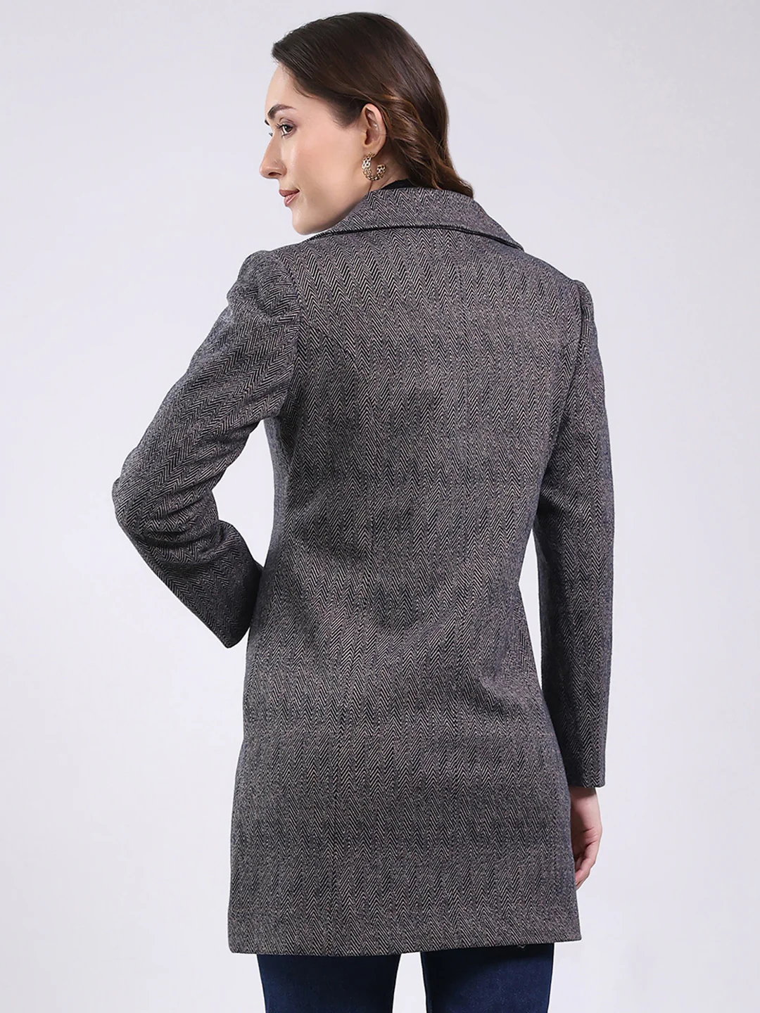 Women Black Self Design Notch Lapel Collar Full Sleeve Coat - Image 5