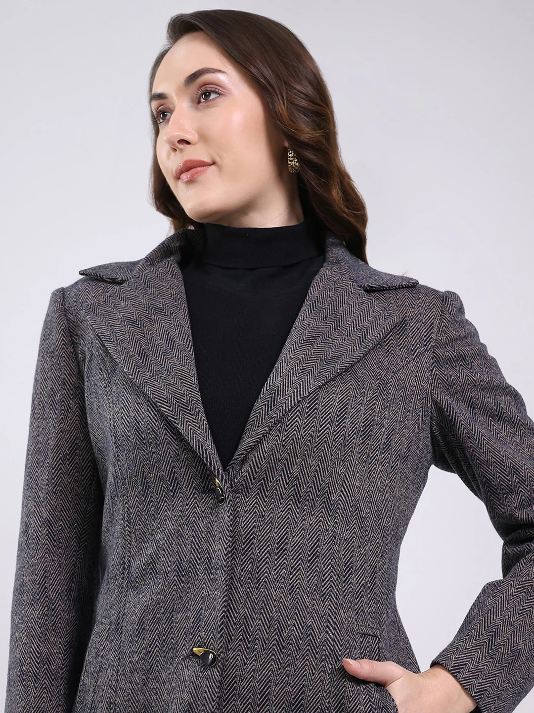Women Black Self Design Notch Lapel Collar Full Sleeve Coat - Image 6