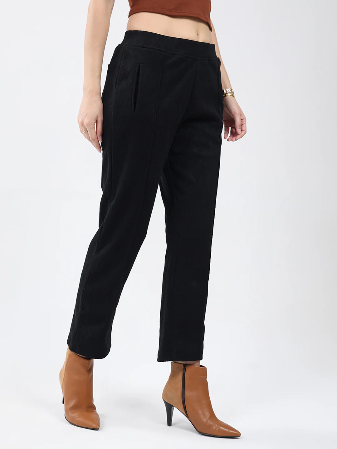 Women Black Self Design Regular Fit Winter Lower - Image 4