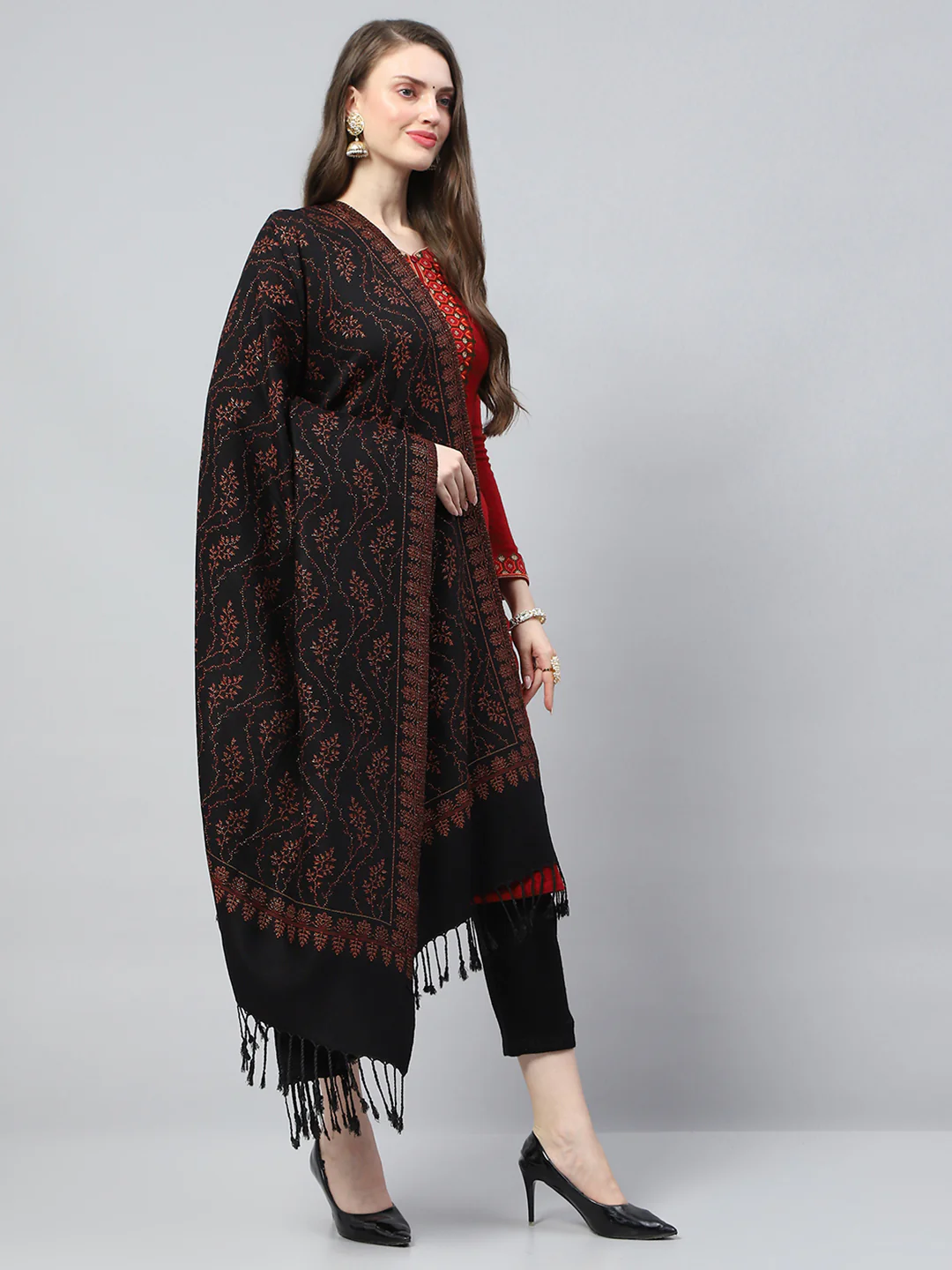 Women Black Self Design Reversible Shawl - Image 4