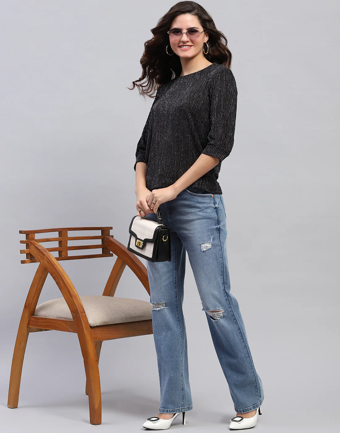 Women Black Self Design Round Neck 3/4 Sleeve Top