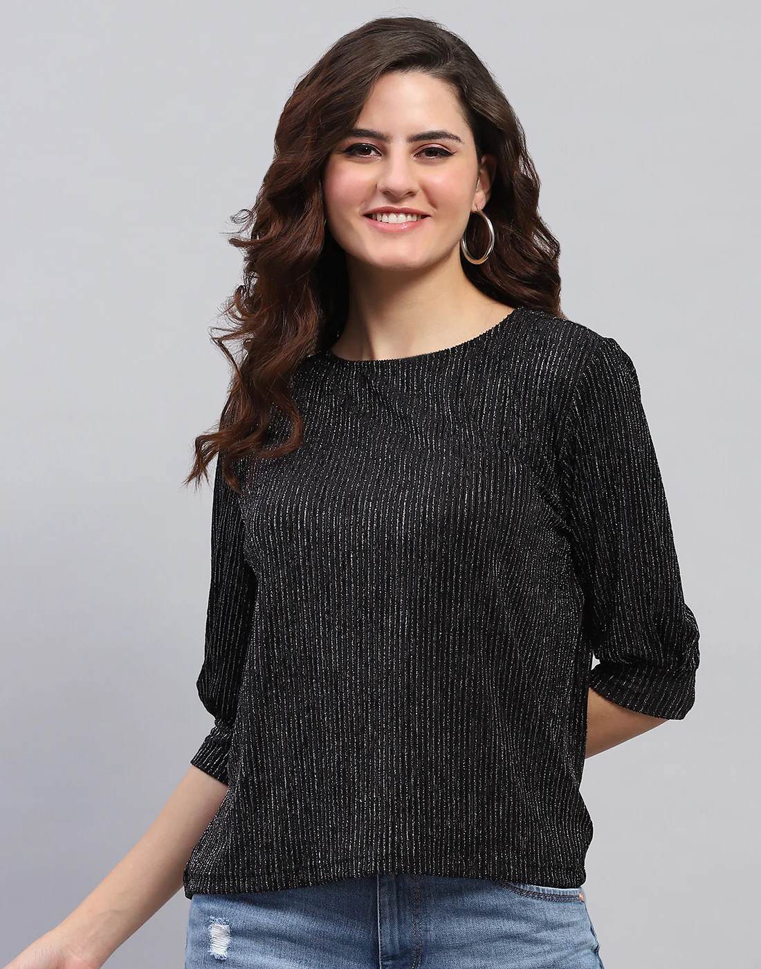 Women Black Self Design Round Neck 3/4 Sleeve Top - Image 2