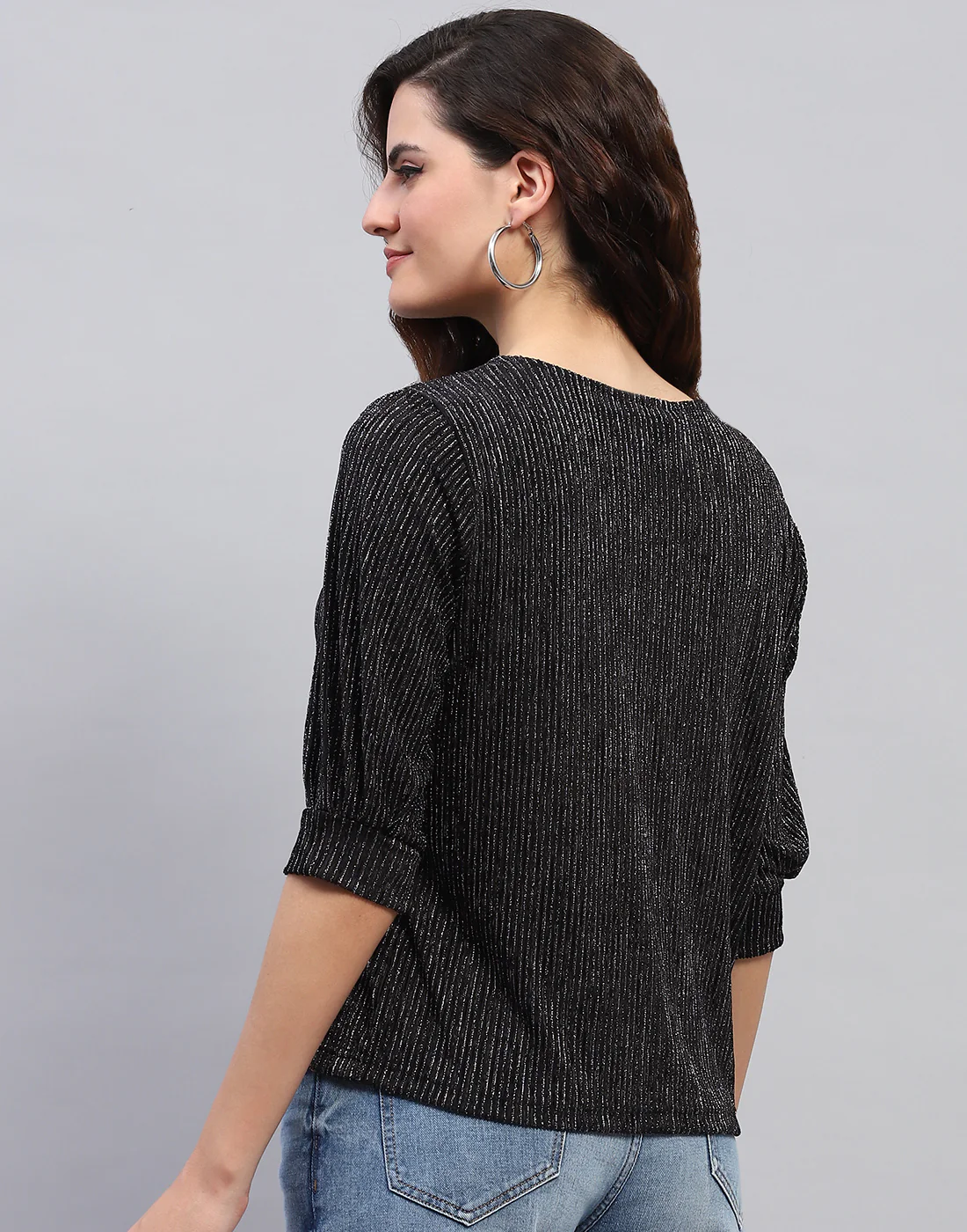 Women Black Self Design Round Neck 3/4 Sleeve Top - Image 5