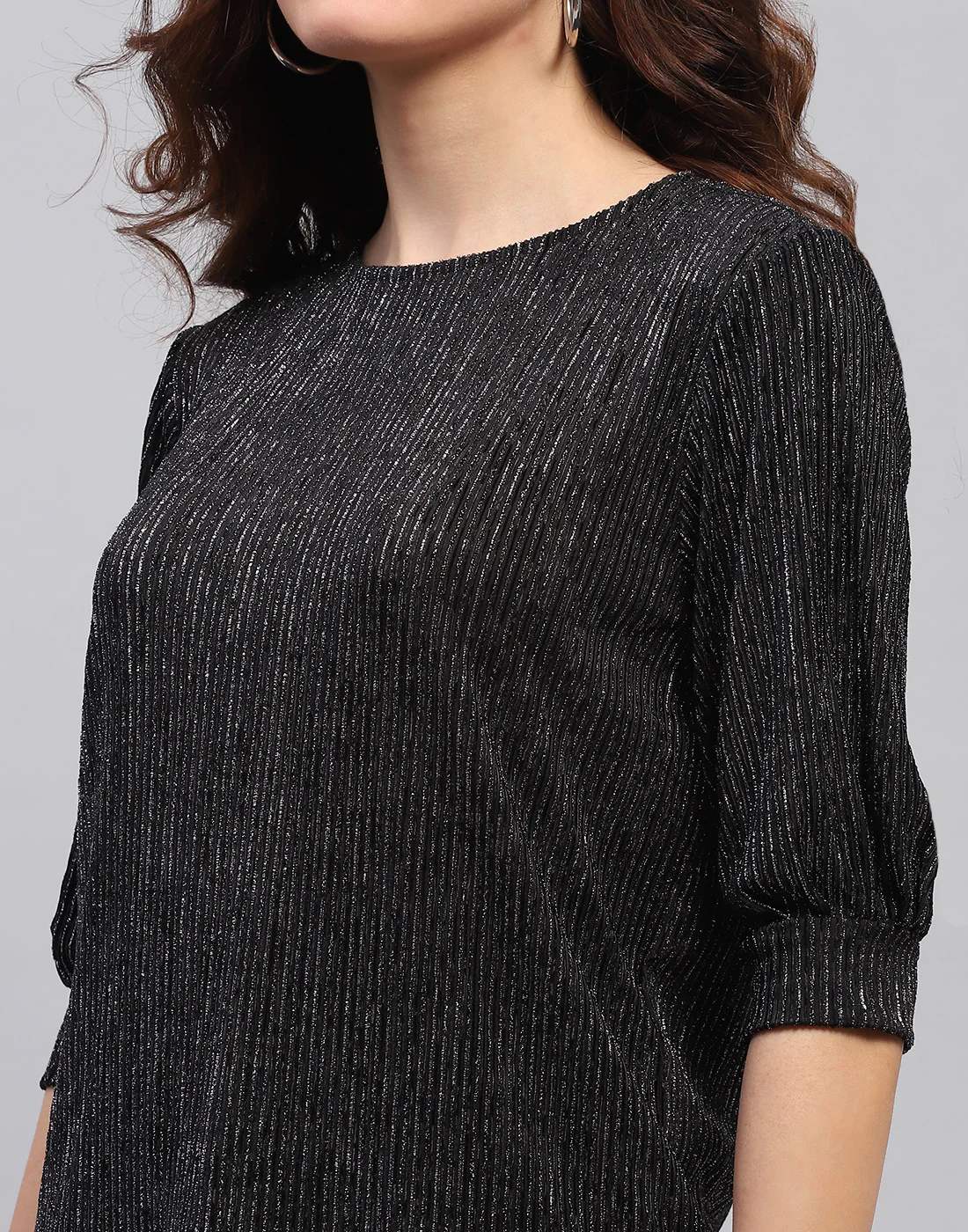 Women Black Self Design Round Neck 3/4 Sleeve Top - Image 6