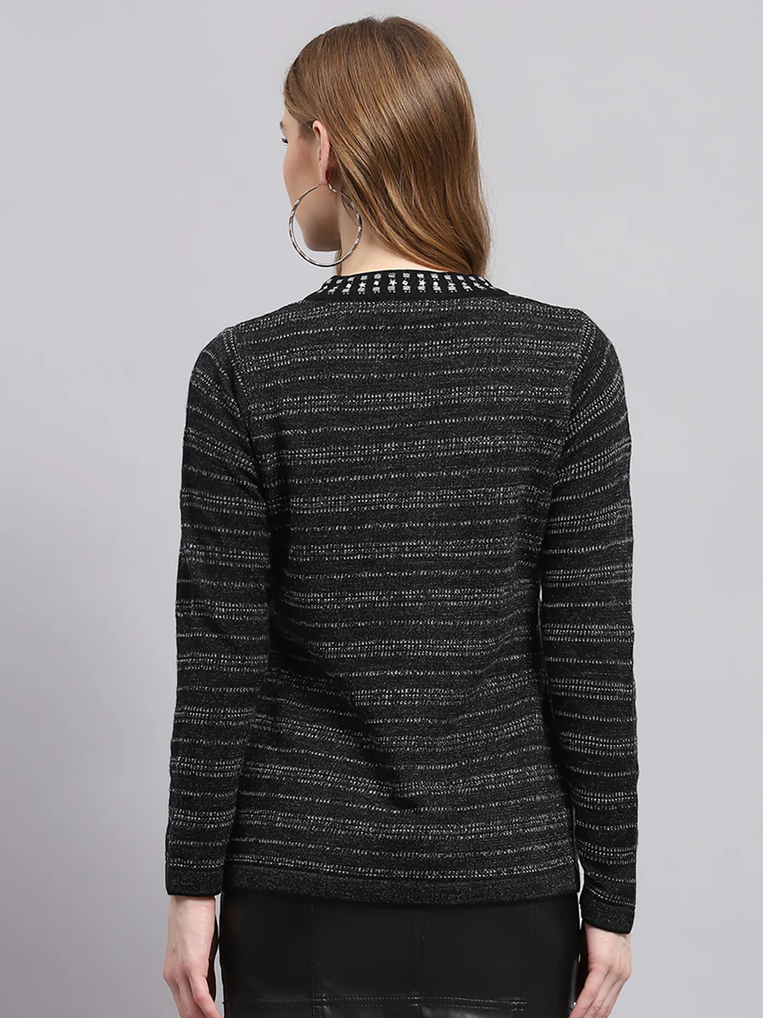 Women Black Self Design Round Neck Full Sleeve Cardigan - Image 5